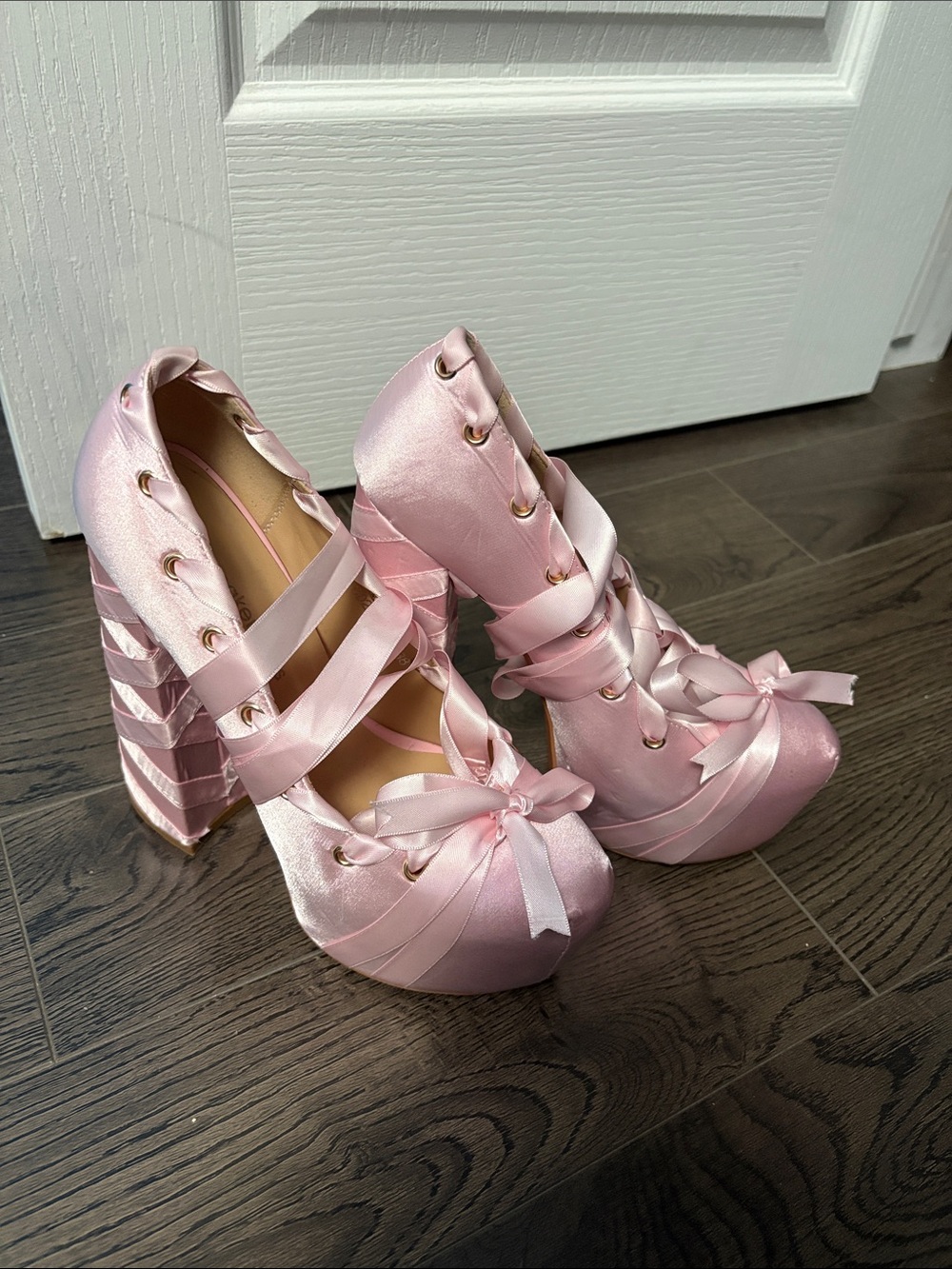 Pink Satin Ribbon-Wrapped Platform Block Heels
